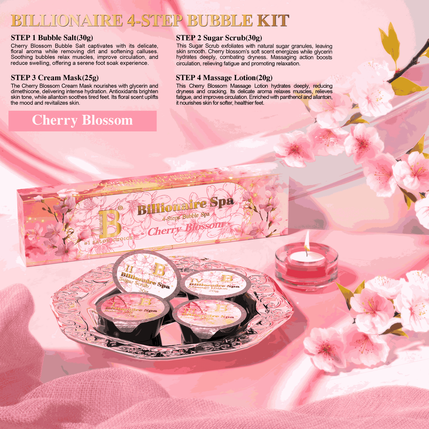 ATL - Cherry Blossom - Billionaire Bubble Spa Deluxe Pedicure Kit 4 Steps